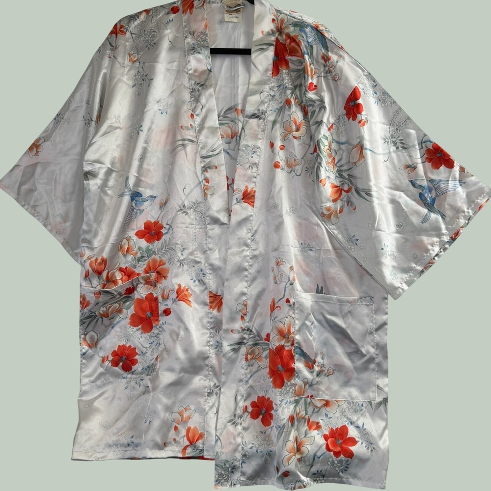 Vintage Japanese Kimono Robe White Satin Floral Bird Print Short Made in Japan